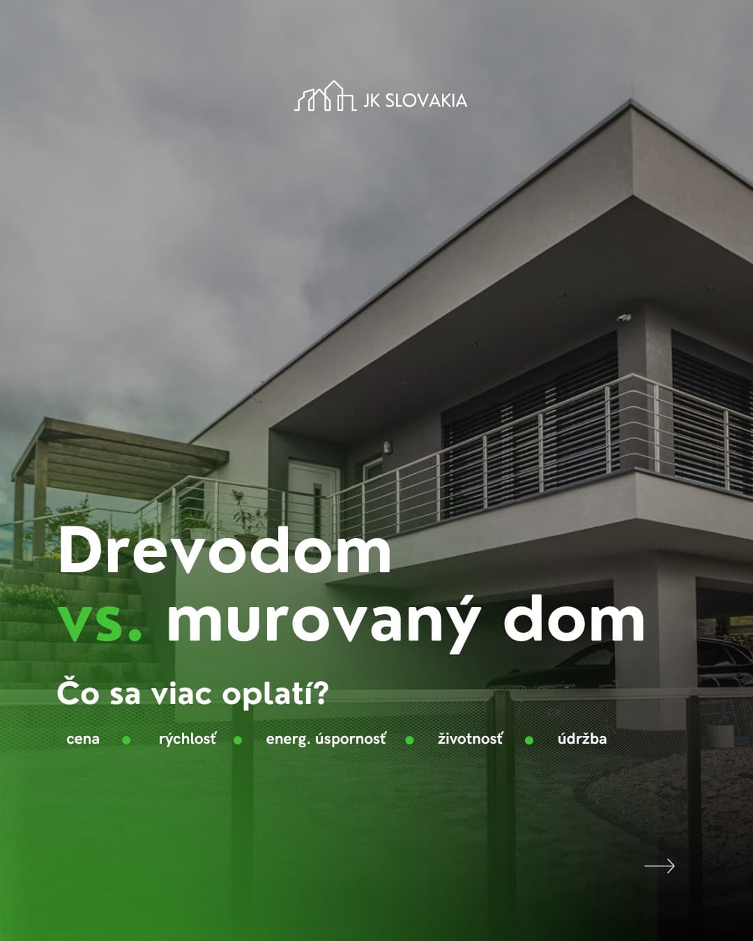 Titulný slide - Drevodom vs. murovaný dom, čo sa viac oplatí, s prehľadom kritérií cena, rýchlosť, energetická úspornosť, životnosť a údržba