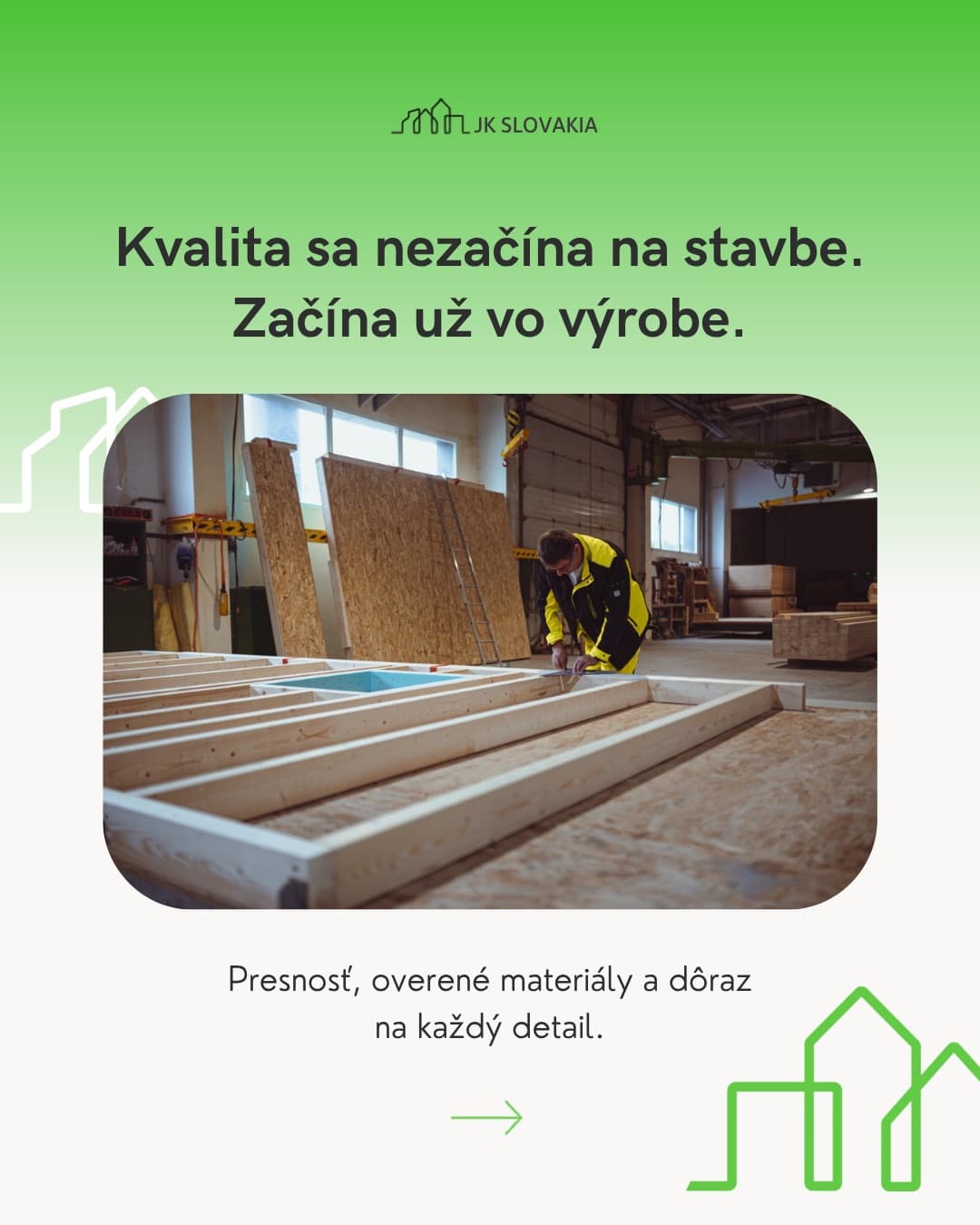 Titulný slide - kvalita sa nezačína na stavbe, ale už vo výrobe, pracovník premeriava drevený rám podlahy vo výrobnej hale