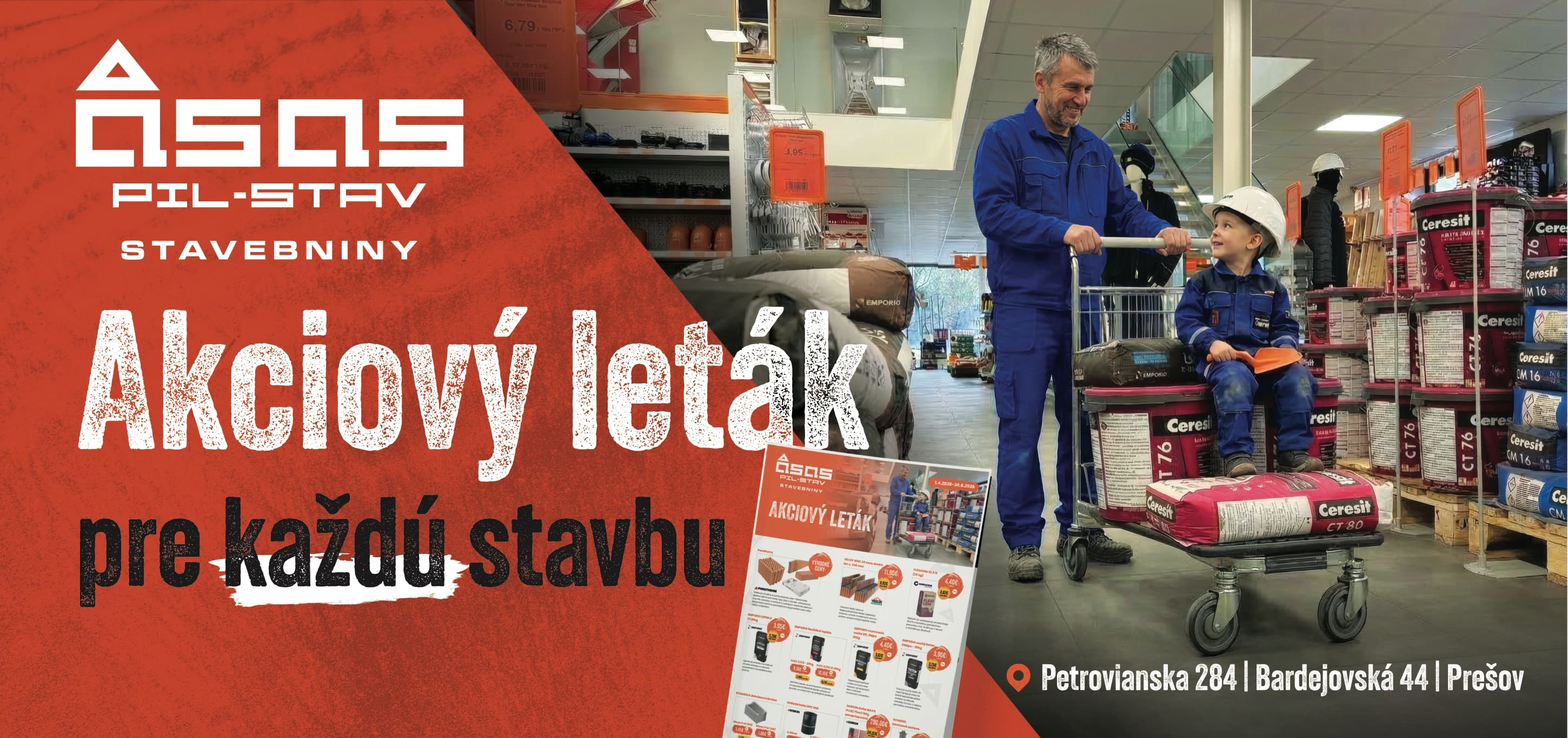 Bilbord PIL-STAV - Akciový leták pre každú stavbu, otec so synom s nákupným vozíkom na predajni stavebnín