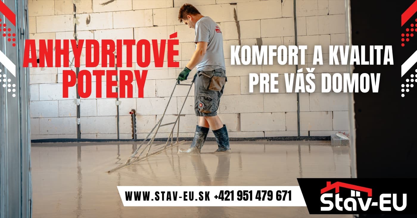 Banner Stav-EU - Anhydritové potery, komfort a kvalita pre váš domov, pracovník rozťahuje liaty poter